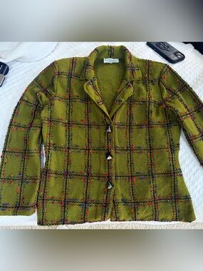 Anne Pedersen Cardigan Moss Green Hand Loomed Abalone Shell Onyx Buttons XL